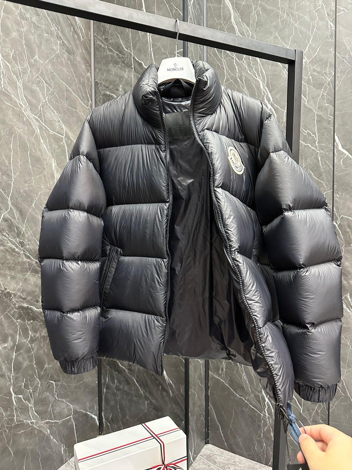Moncler Stand-Collar Puffer Jacket with Large Logo Patch