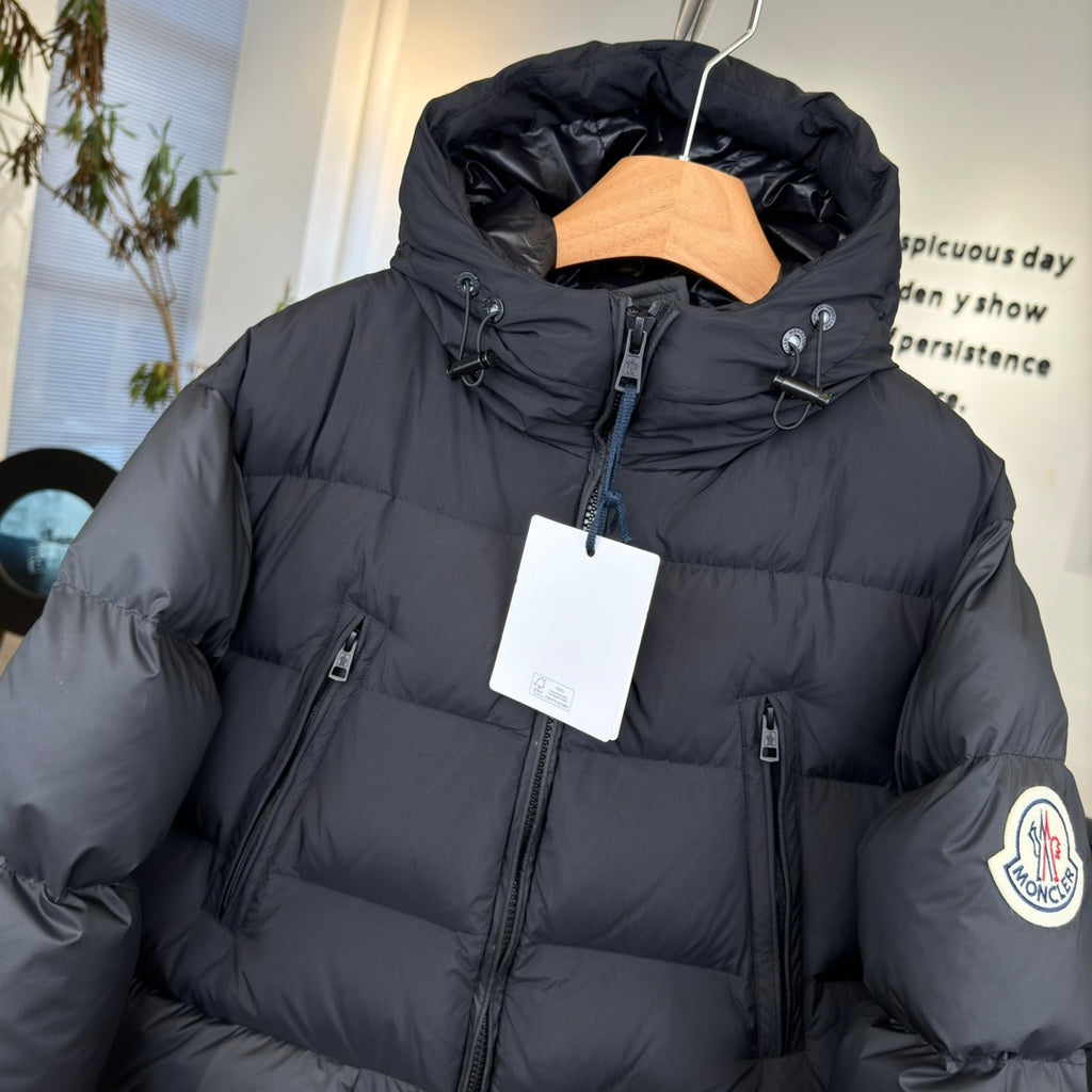 Moncler Bosona Long Hooded Puffer Coat with Oversized Logo Patch