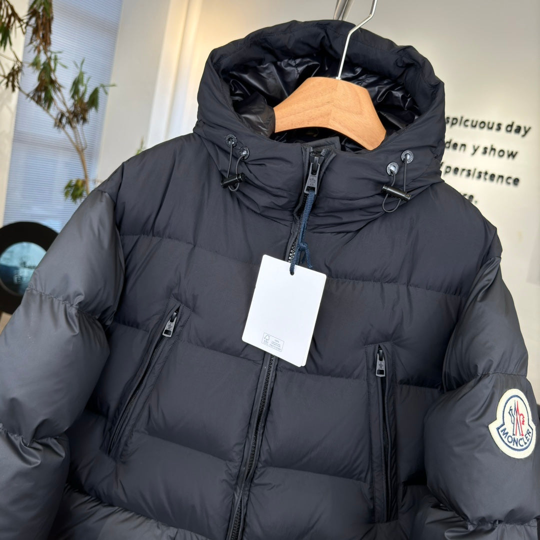 Moncler Bosona Long Hooded Puffer Coat with Oversized Logo Patch