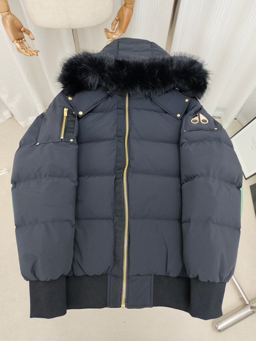 Moose Knuckles Hooded Puffer Bomber Jacket with Fur-Look Trim