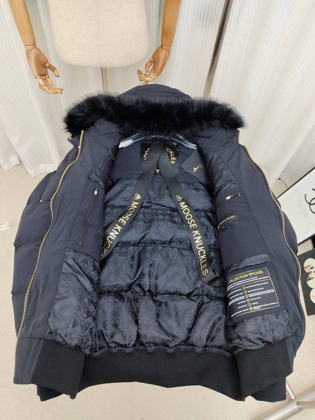Moose Knuckles Hooded Puffer Bomber Jacket with Fur-Look Trim