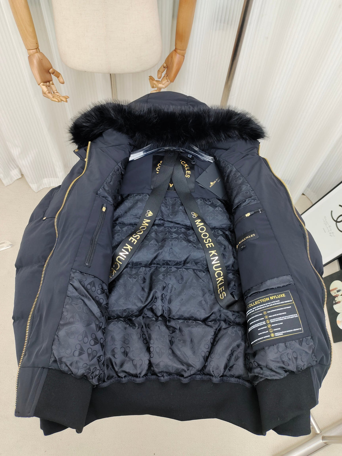 Moose Knuckles Hooded Puffer Bomber Jacket with Fur-Look Trim