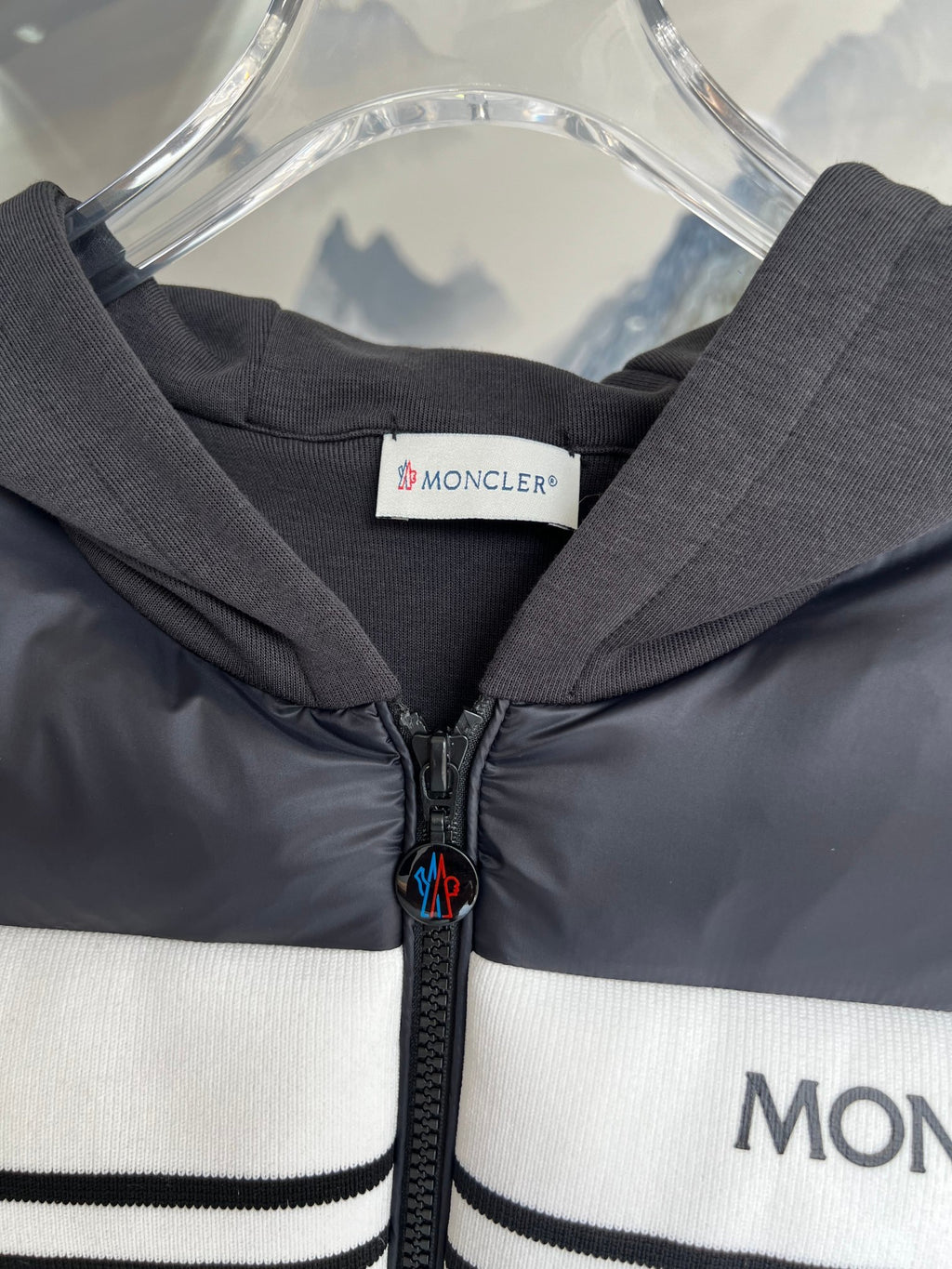 Moncler Hooded Knit-Panel Down Jacket with Contrast Stripe