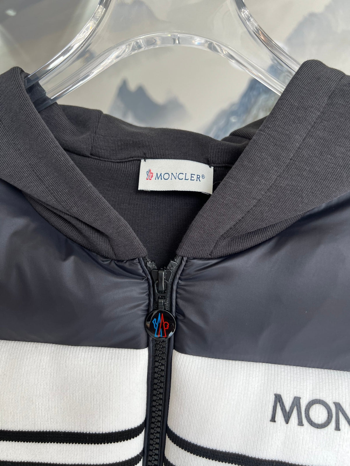 Moncler Hooded Knit-Panel Down Jacket with Contrast Stripe