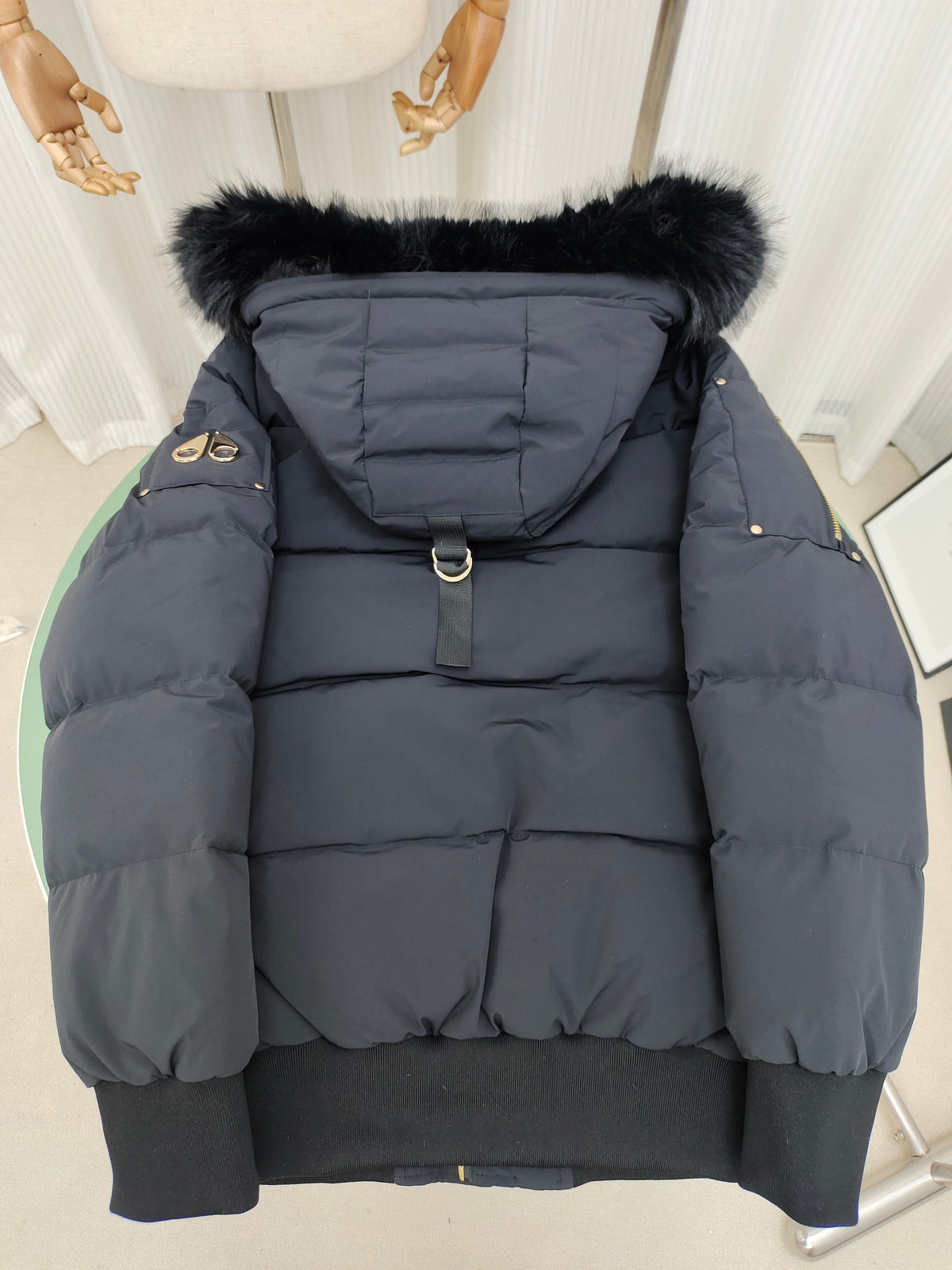 Moose Knuckles Hooded Puffer Bomber Jacket with Fur-Look Trim