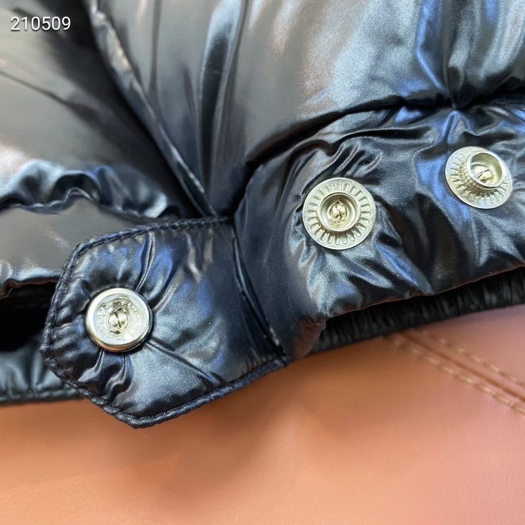Glossy Hooded Puffer Jacket with Tricolor Zip Trim – Black