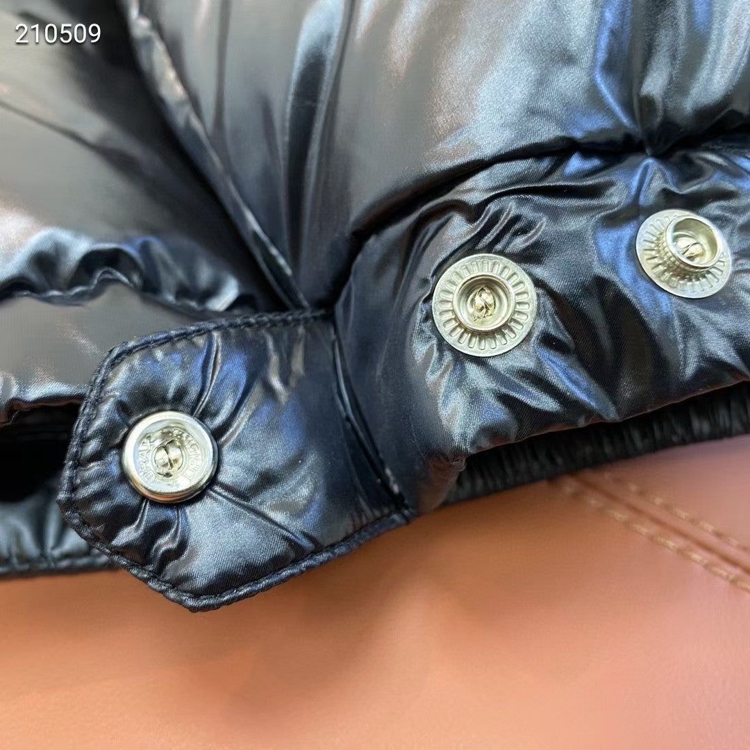 Glossy Hooded Puffer Jacket with Tricolor Zip Trim – Black