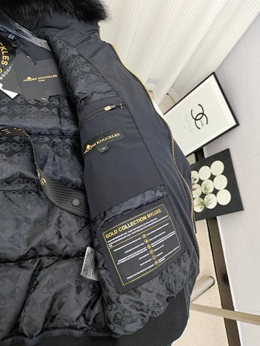 Moose Knuckles Hooded Puffer Bomber Jacket with Fur-Look Trim
