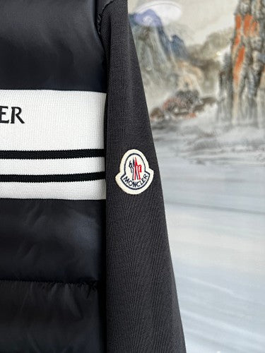 Moncler Hooded Knit-Panel Down Jacket with Contrast Stripe