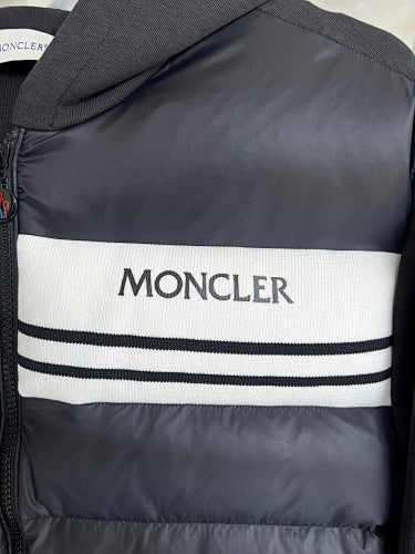 Moncler Hooded Knit-Panel Down Jacket with Contrast Stripe