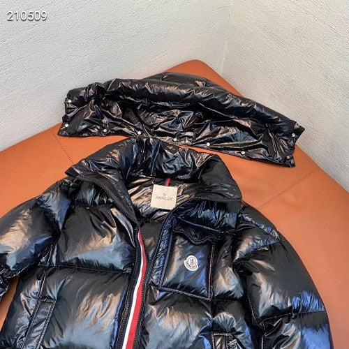 Glossy Hooded Puffer Jacket with Tricolor Zip Trim – Black