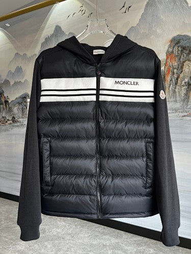Moncler Hooded Knit-Panel Down Jacket with Contrast Stripe