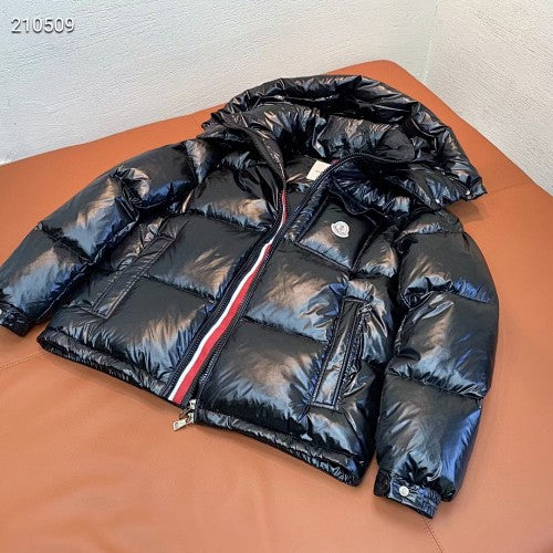 Glossy Hooded Puffer Jacket with Tricolor Zip Trim – Black