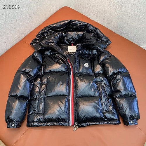 Glossy Hooded Puffer Jacket with Tricolor Zip Trim – Black