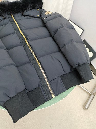 Moose Knuckles Hooded Puffer Bomber Jacket with Fur-Look Trim