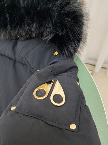 Moose Knuckles Hooded Puffer Bomber Jacket with Fur-Look Trim