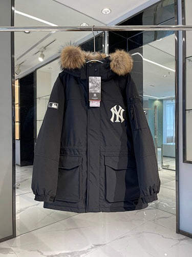 MLB Unisex Logo Hooded Down Jacket with Fur Collar