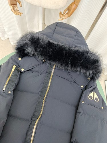 Moose Knuckles Hooded Puffer Bomber Jacket with Fur-Look Trim
