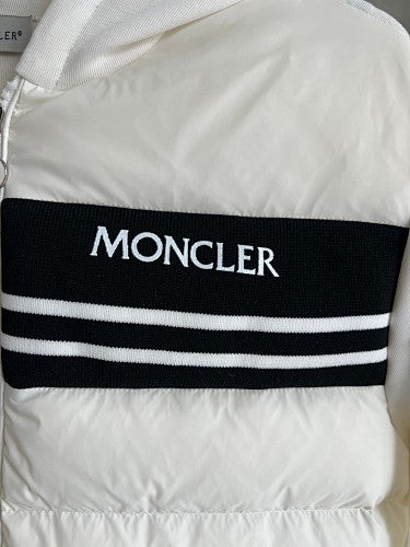 Moncler Hooded Knit-Panel Down Jacket with Contrast Stripe