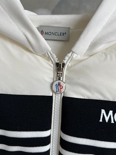 Moncler Hooded Knit-Panel Down Jacket with Contrast Stripe