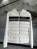 Moncler Hooded Knit-Panel Down Jacket with Contrast Stripe