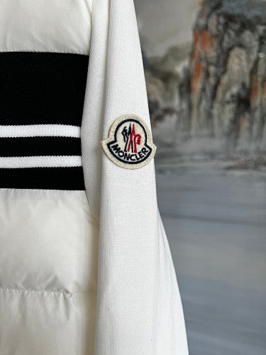 Moncler Hooded Knit-Panel Down Jacket with Contrast Stripe