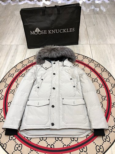 Moose Knuckles Short Hooded Parka with Fur-Look Trim