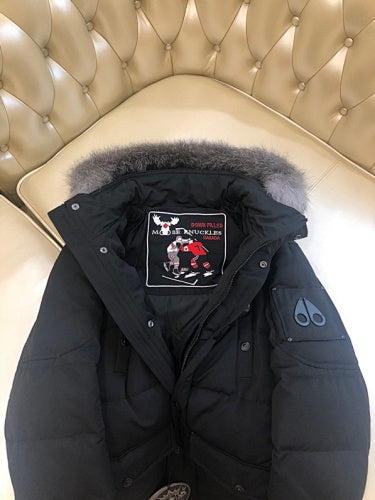Moose Knuckles Men's Long Hooded Puffer Parka with Fur-Look Trim