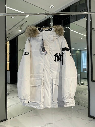 MLB Unisex Logo Hooded Down Jacket with Fur Collar