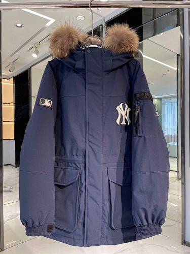 MLB Unisex Logo Hooded Down Jacket with Fur Collar