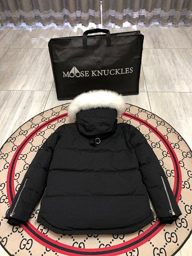 Moose Knuckles Short Hooded Parka with Fur-Look Trim