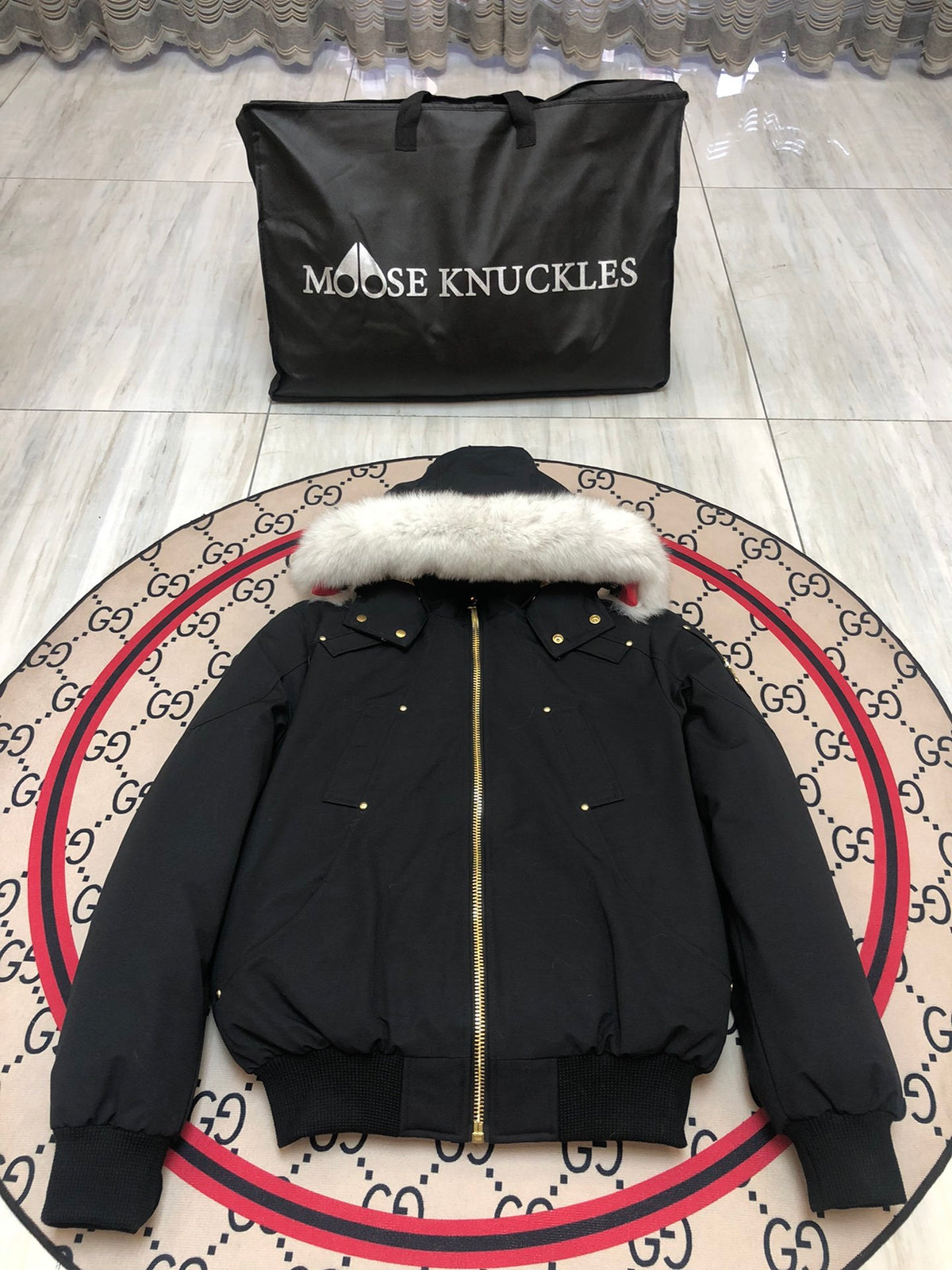 Moose Knuckles Men's Hooded Bomber Jacket with Gold-Tone Hardware