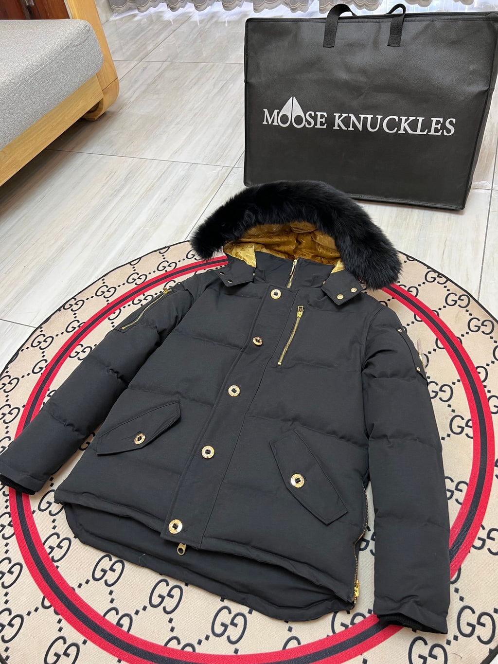 Moose Knuckles Men's Hooded Puffer Jacket with Gold-Tone Hardware