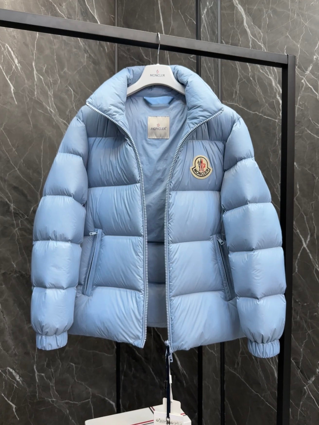 Moncler Stand-Collar Puffer Jacket with Large Logo Patch