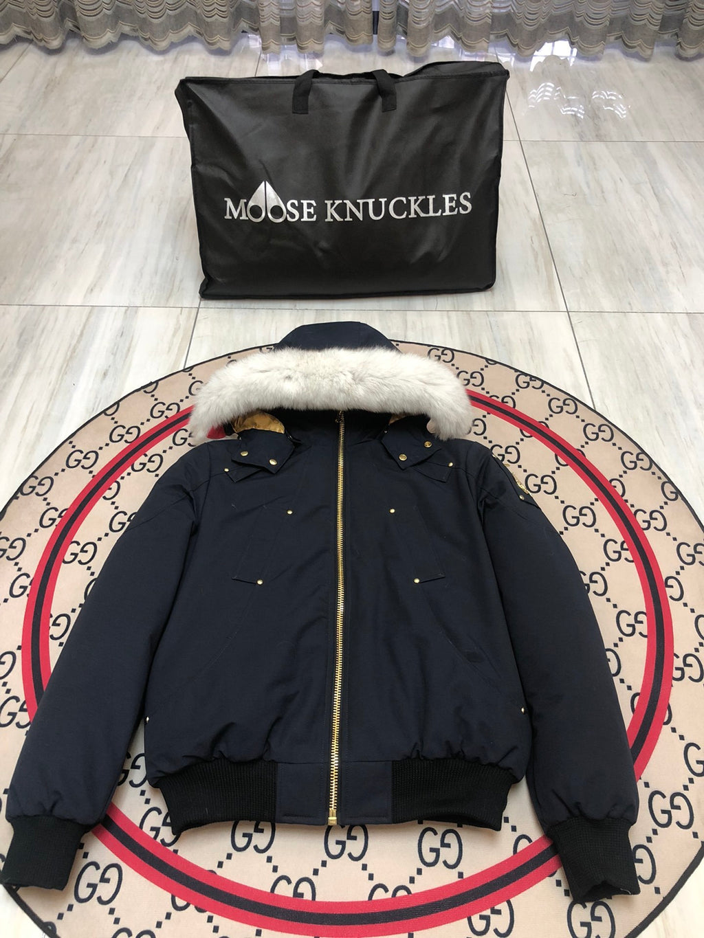 Moose Knuckles Men's Hooded Bomber Jacket with Gold-Tone Hardware