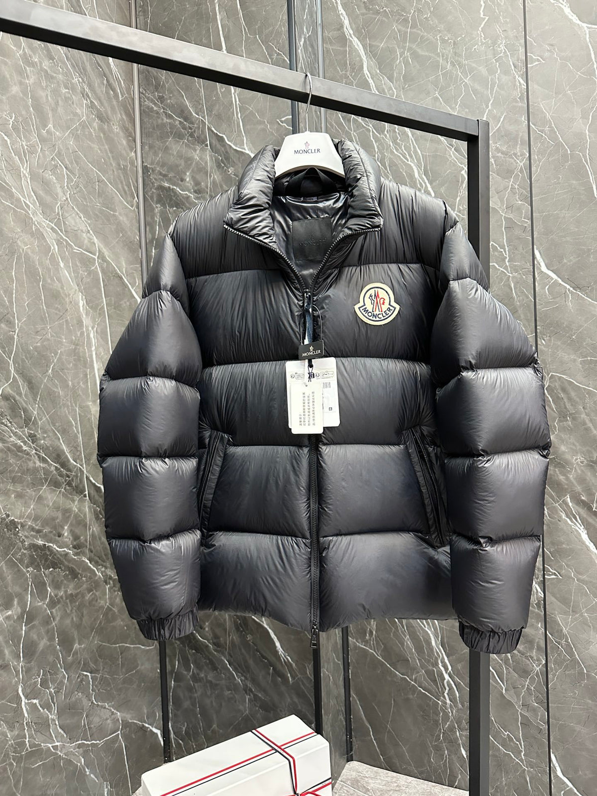 Moncler Stand-Collar Puffer Jacket with Large Logo Patch
