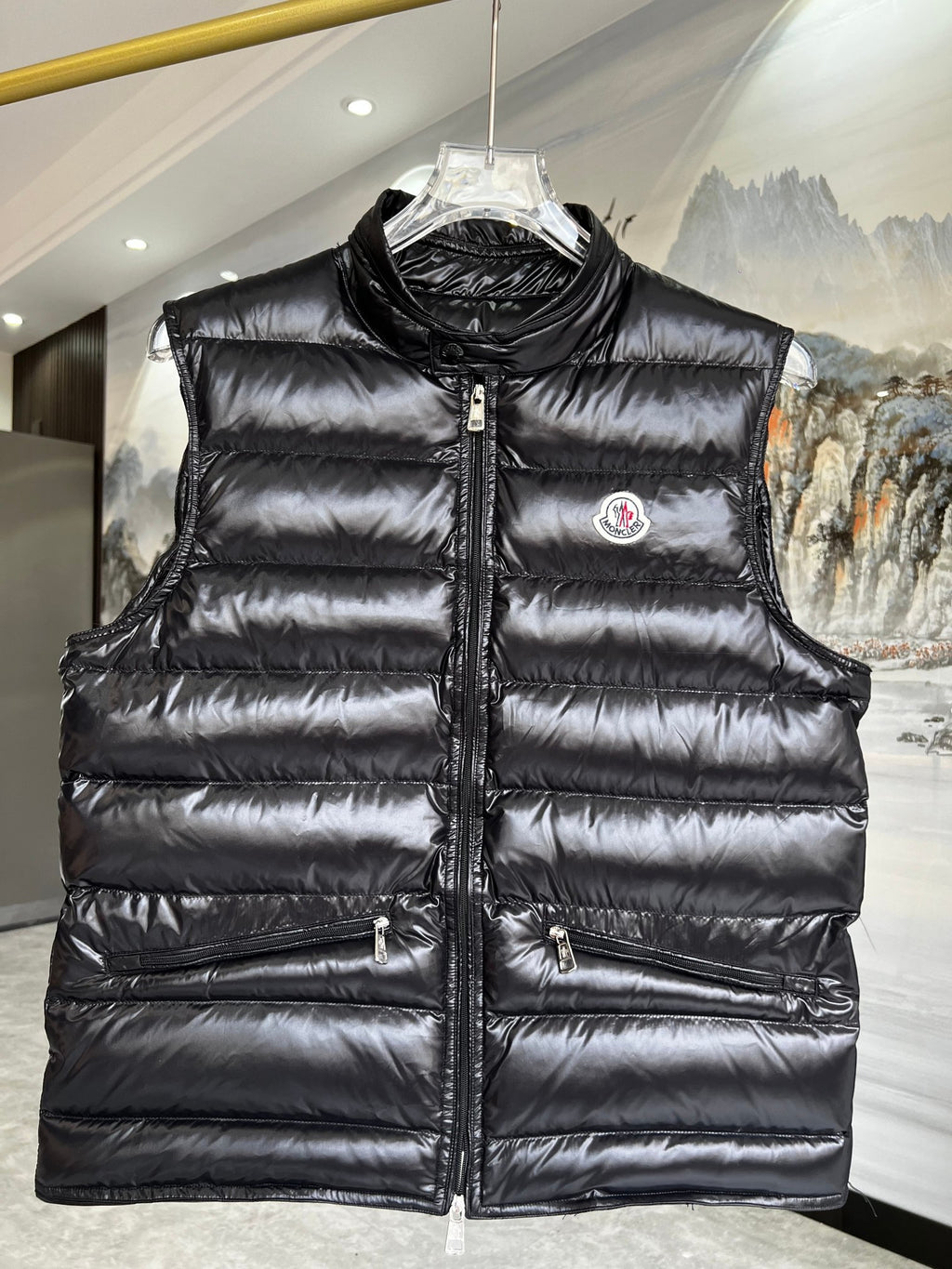 Moncler Glossy Quilted Vest with Angled Zip Pockets