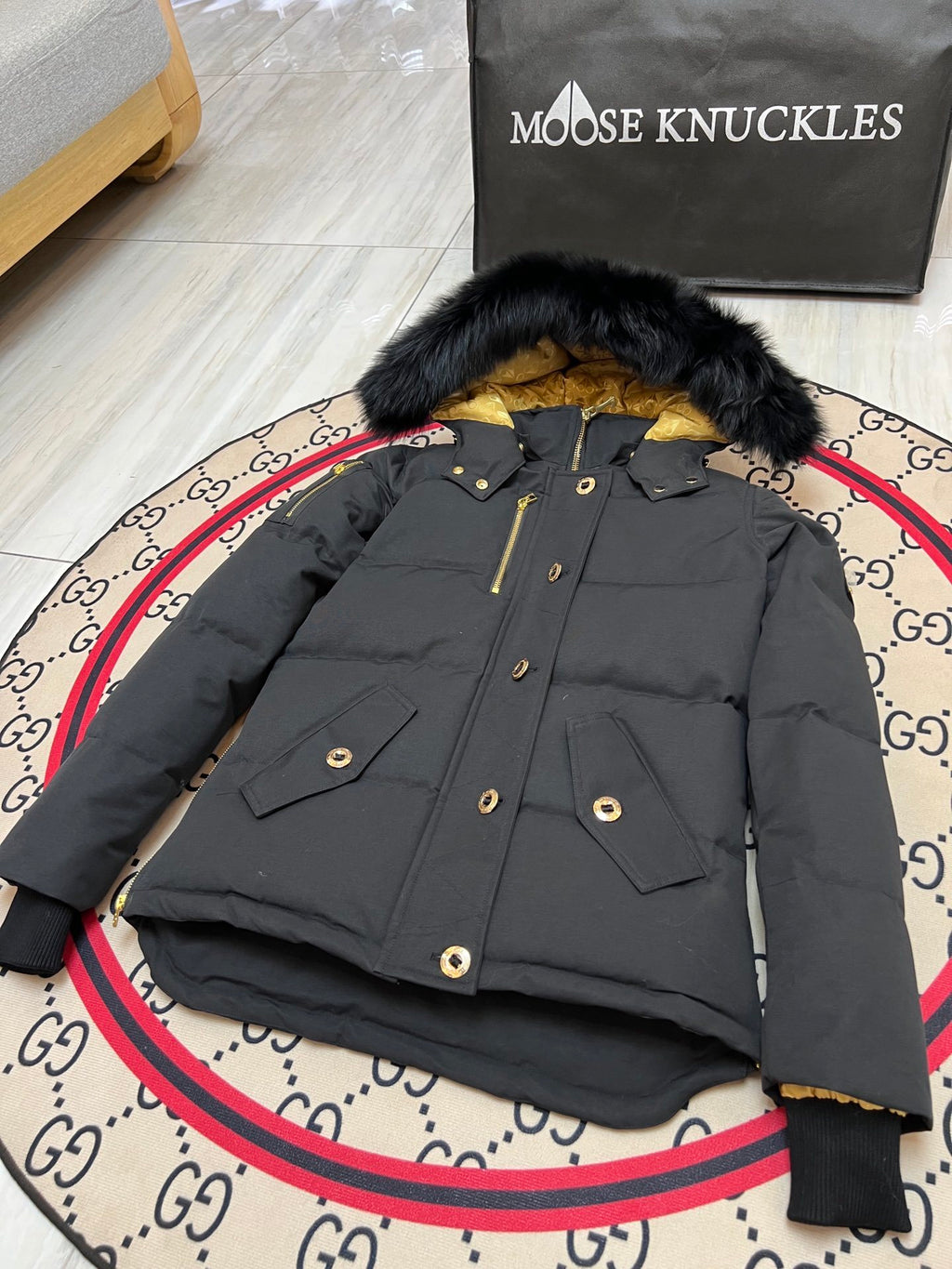 Moose Knuckles Women's Hooded Puffer Jacket with Gold-Tone Hardware
