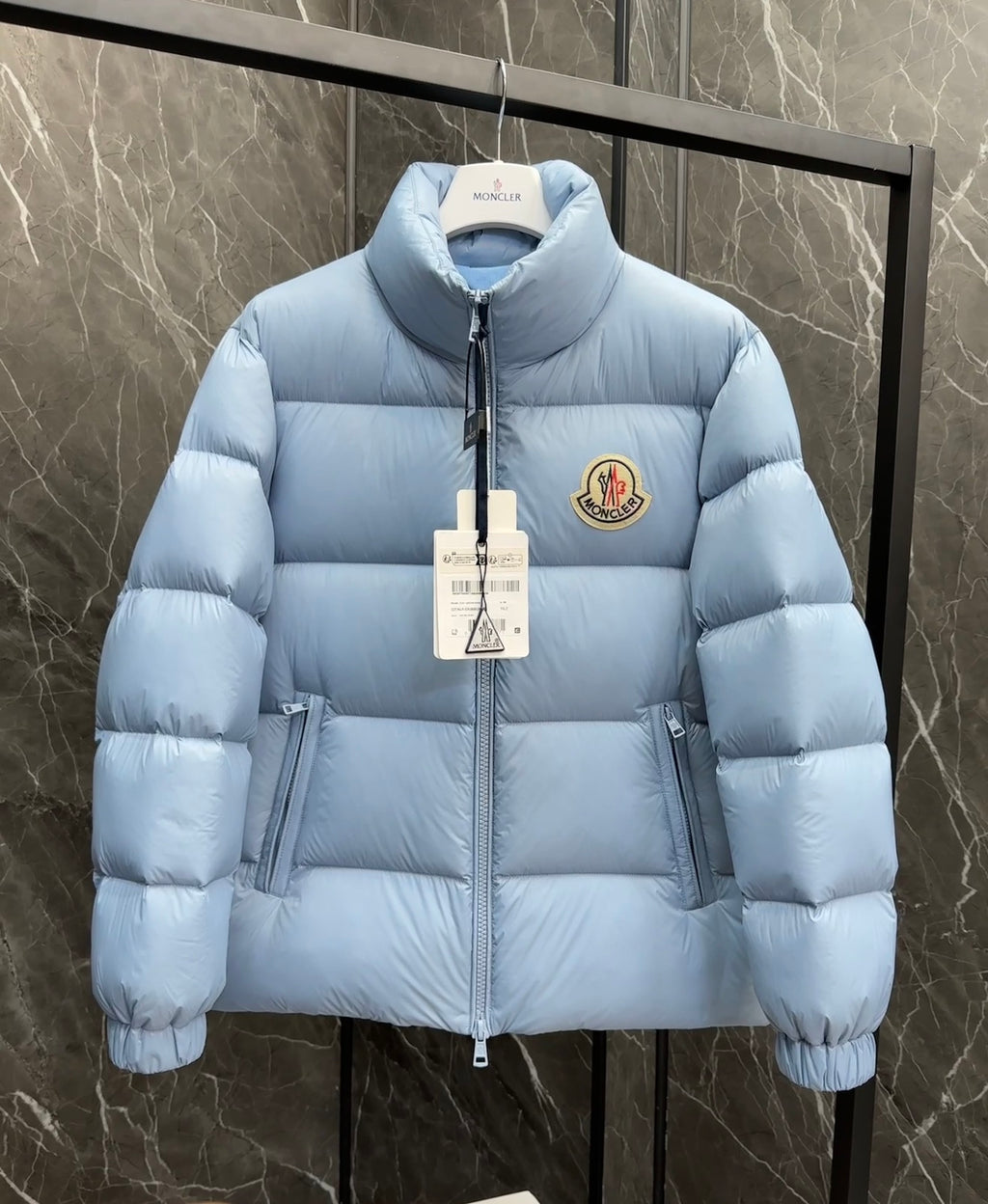 Moncler Stand-Collar Puffer Jacket with Large Logo Patch