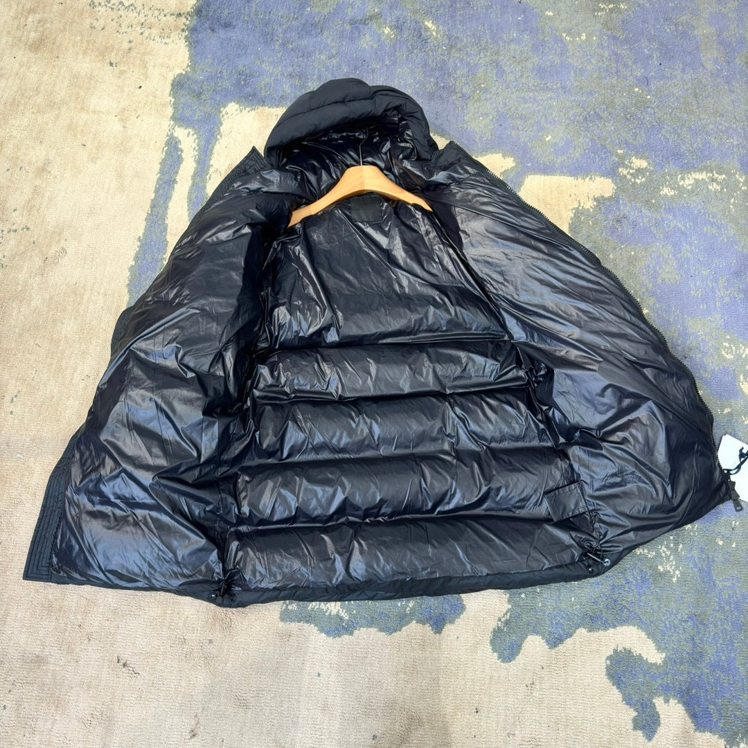 Moncler Bosona Long Hooded Puffer Coat with Oversized Logo Patch