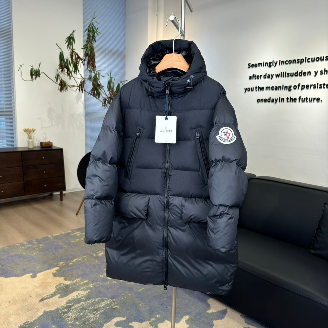 Moncler Bosona Long Hooded Puffer Coat with Oversized Logo Patch
