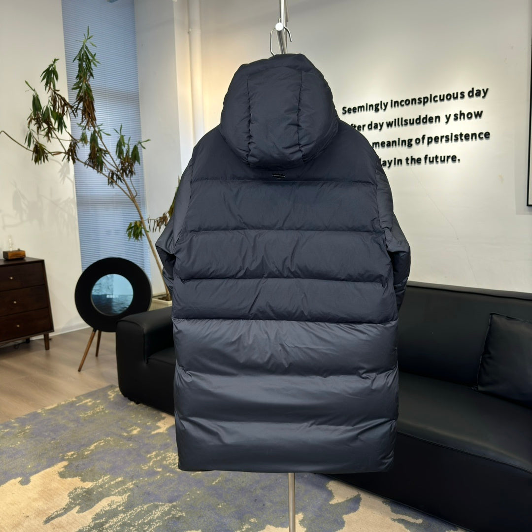 Moncler Bosona Long Hooded Puffer Coat with Oversized Logo Patch