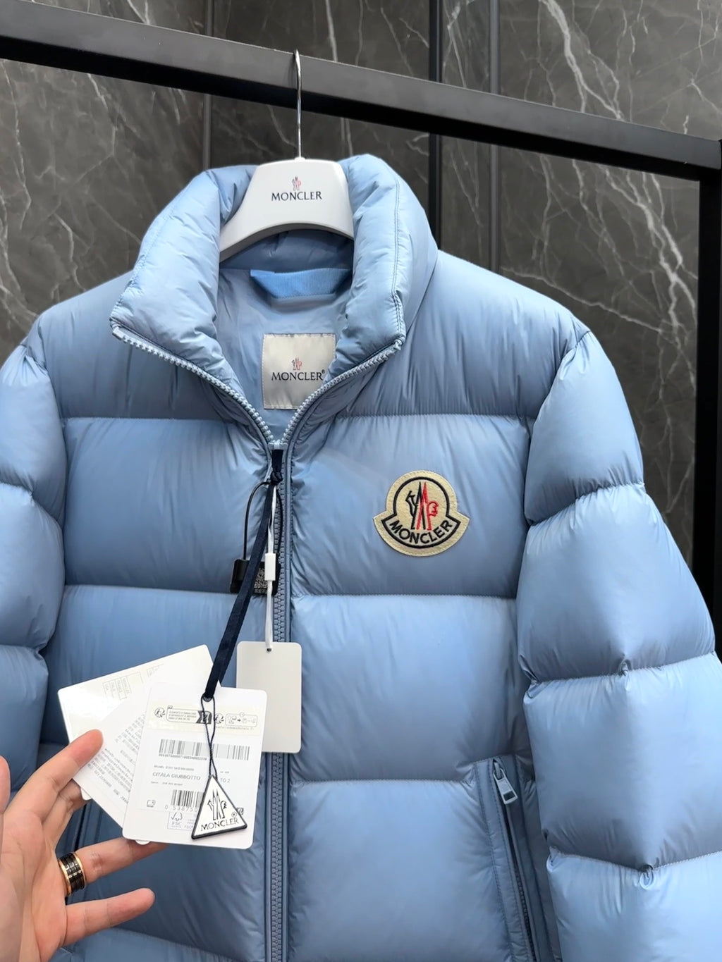 Moncler Stand-Collar Puffer Jacket with Large Logo Patch