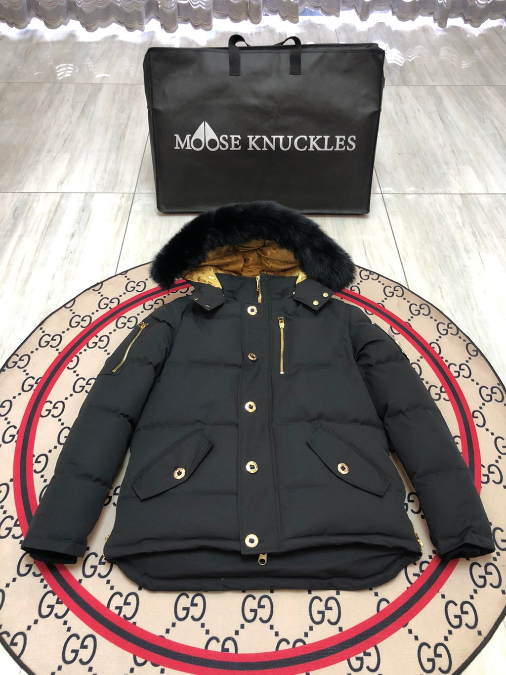 Moose Knuckles Men's Hooded Puffer Jacket with Gold-Tone Hardware