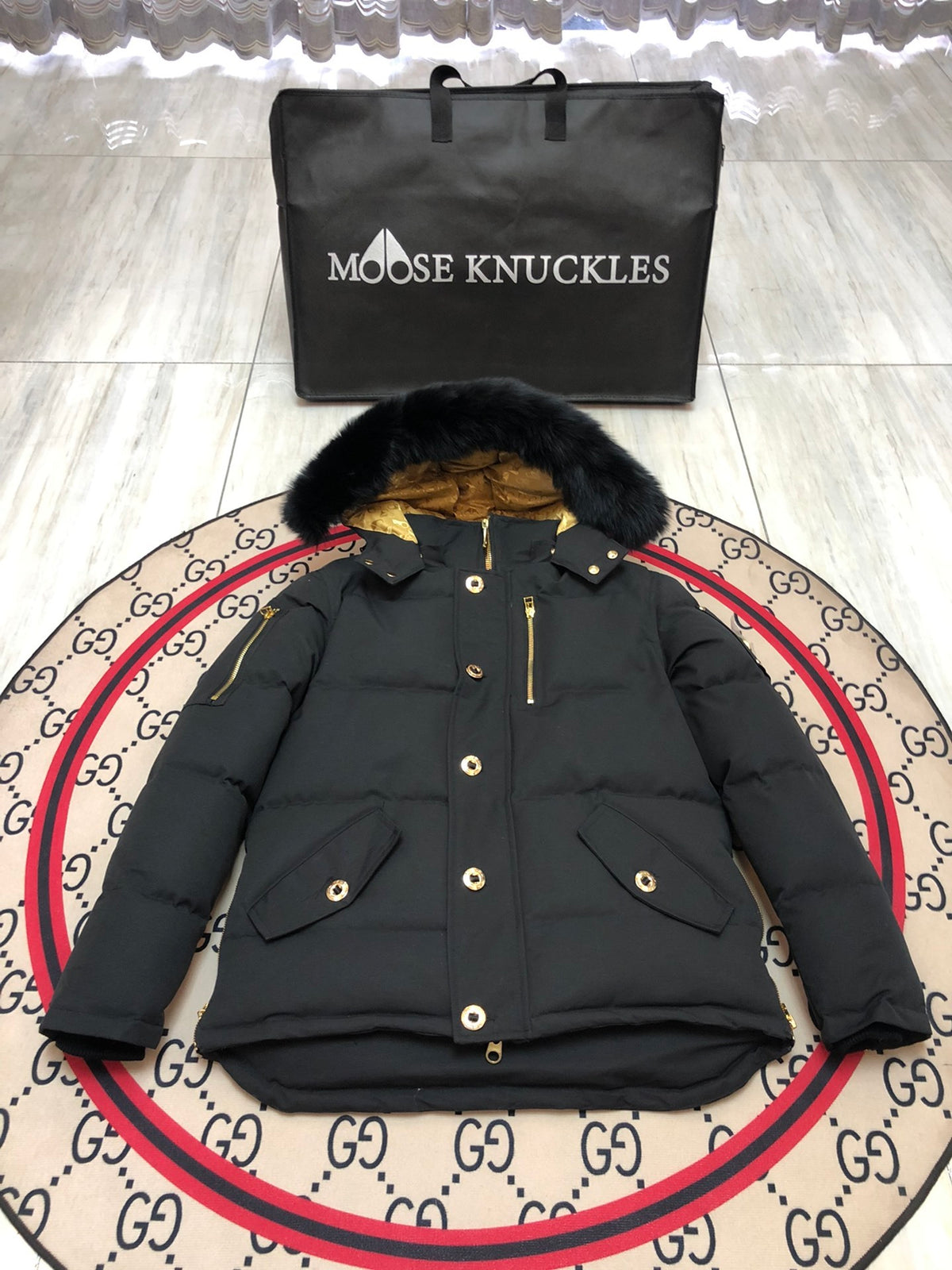 Moose Knuckles Men's Hooded Puffer Jacket with Gold-Tone Hardware