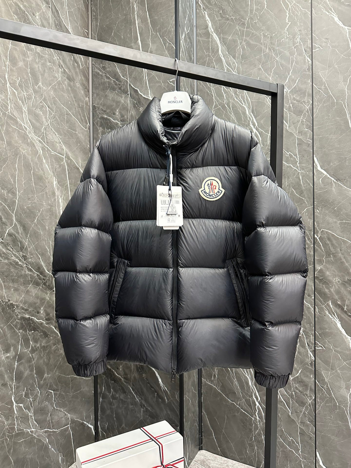 Moncler Stand-Collar Puffer Jacket with Large Logo Patch