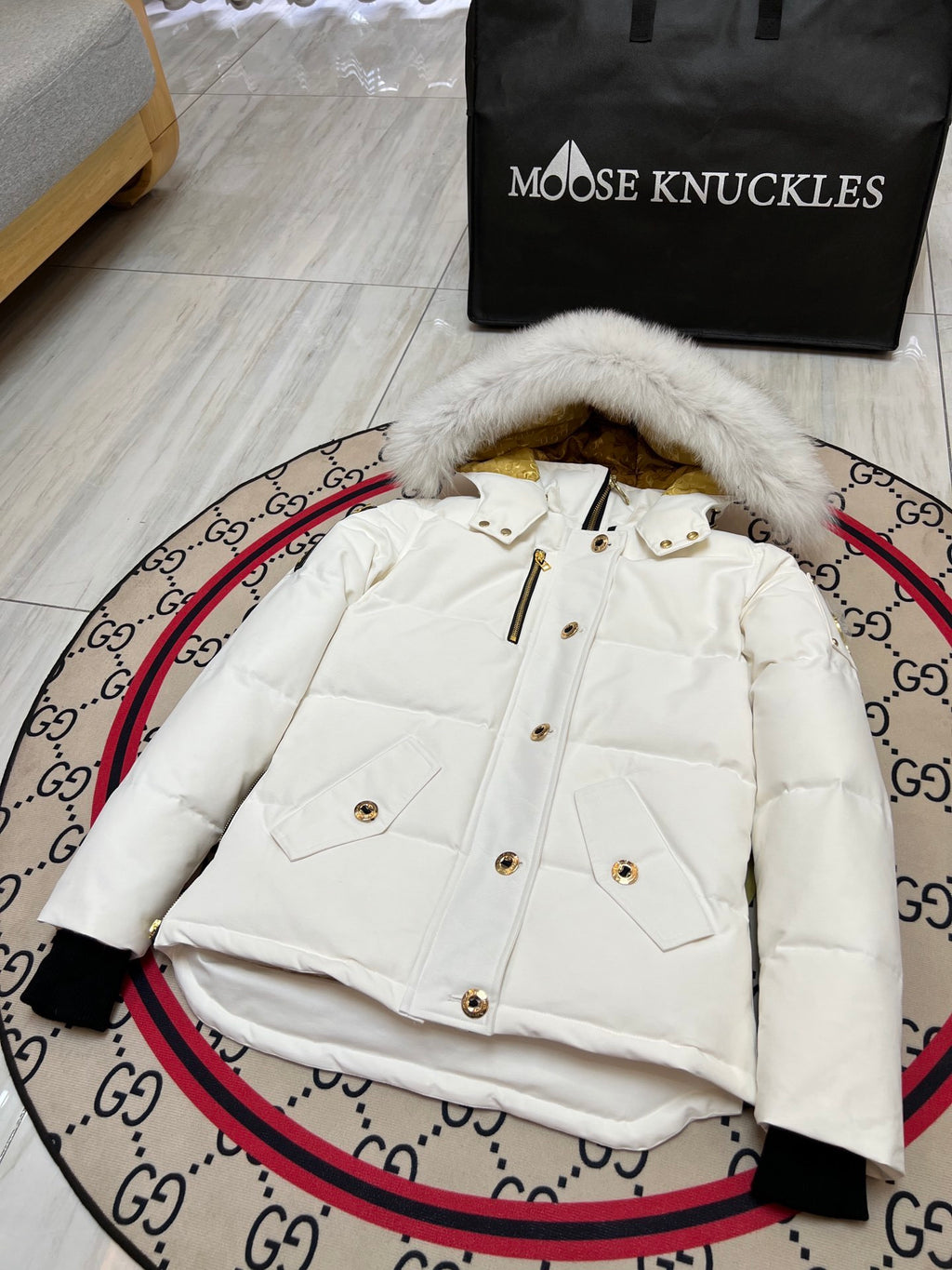 Moose Knuckles Women's Hooded Puffer Jacket with Gold-Tone Hardware