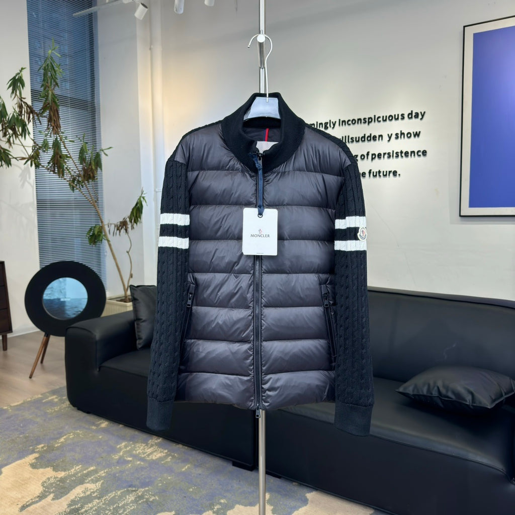 Moncler Knit-Panel Jacket with Striped Sleeves