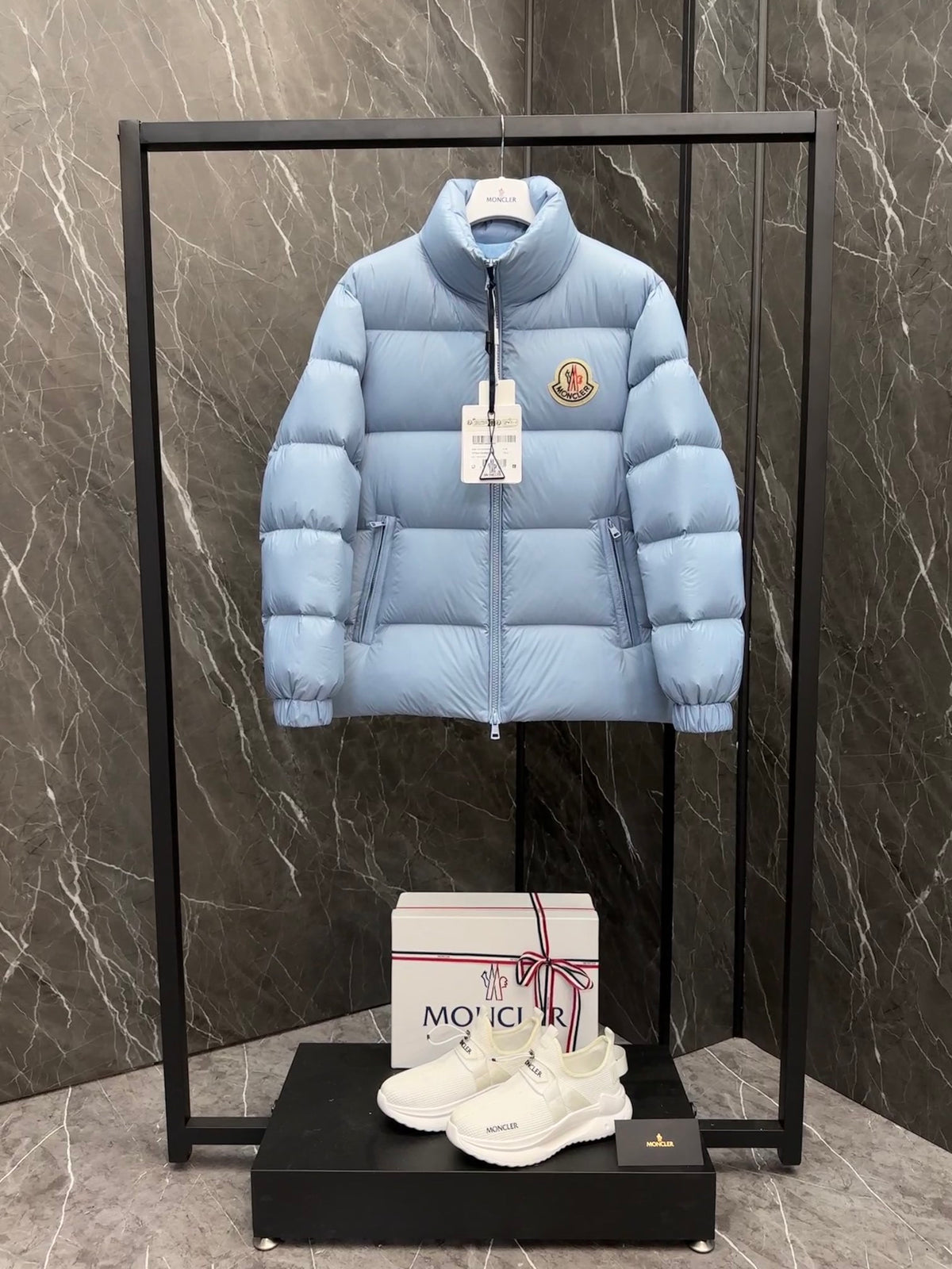 Moncler Stand-Collar Puffer Jacket with Large Logo Patch