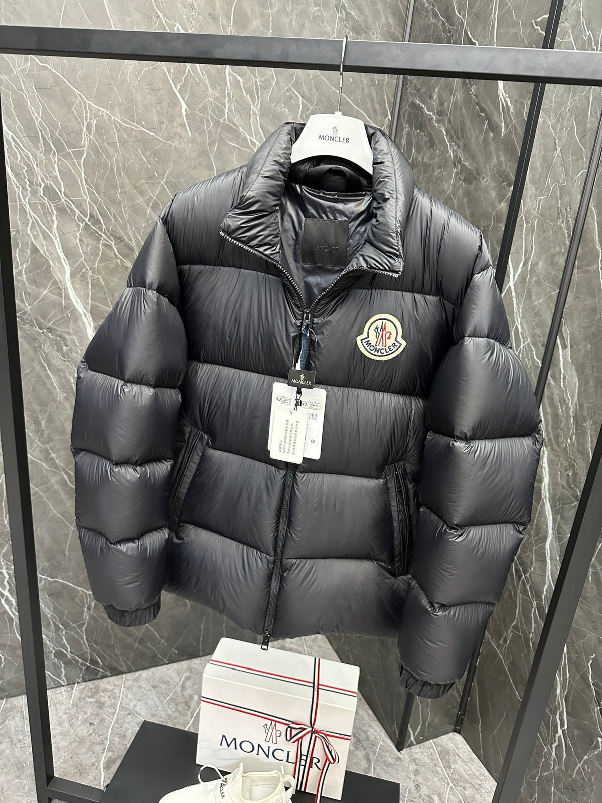 Moncler Stand-Collar Puffer Jacket with Large Logo Patch
